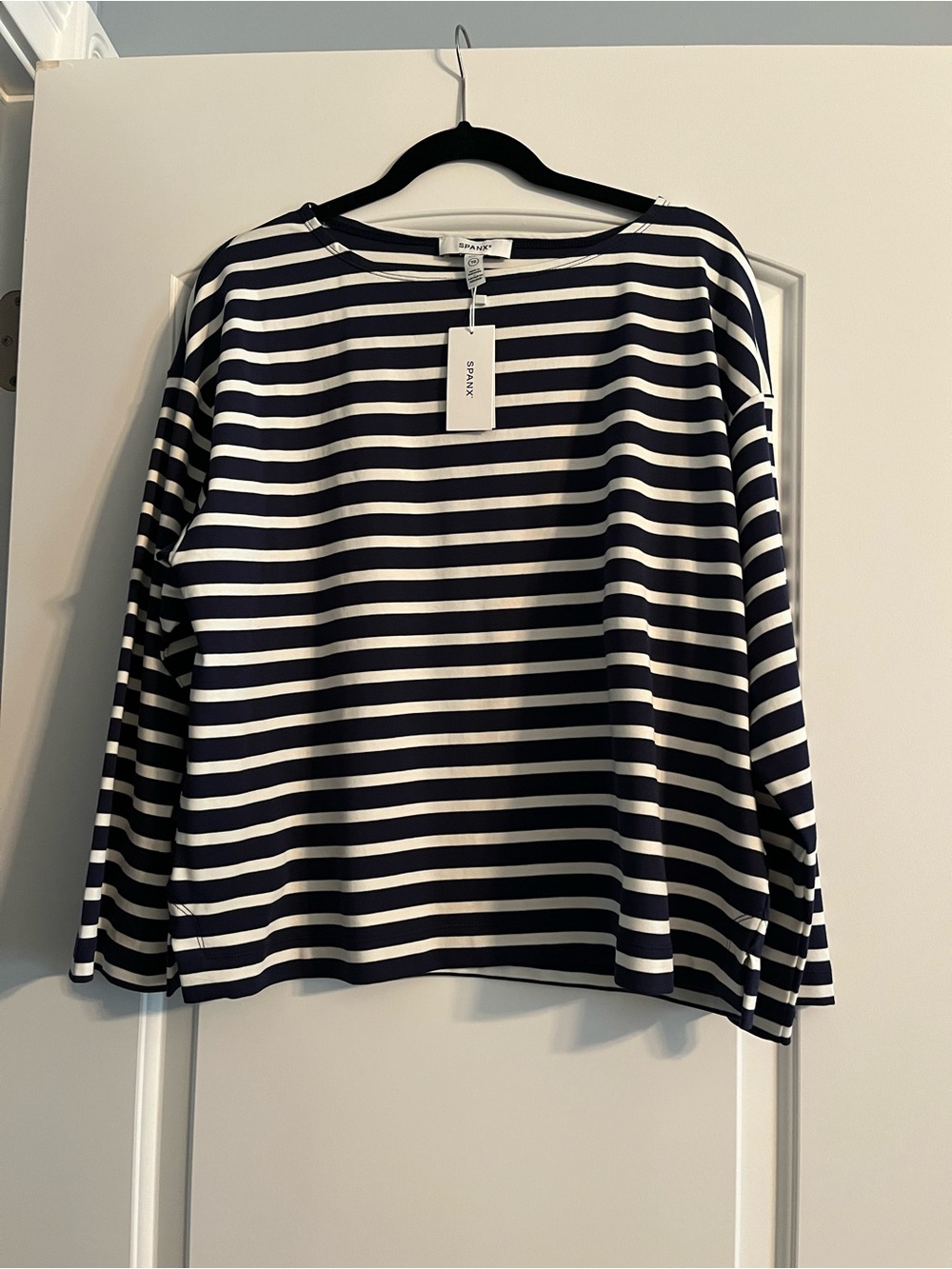 SPANX Cool Cotton boatneck top in yachtstrip navy. Brand New!